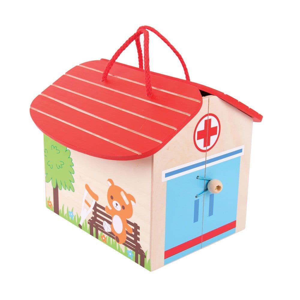 Hospital Playset, Bigjigs Hospital Playset,childrens wooden toys,children's imaginative play ideas, Hospital Playset,Mr Bear has bumped his head! This brightly coloured wooden Mini Hospital Playset is decorated inside and outside with features and is supplied complete with a hospital bed, medical drip, heart monitor, bear, nurse and doctor. The string handle and secure clasp ensure that this Playset is always ready to travel with you,HospitalMr Bear has bumped his head! This brightly coloured wooden Mini Ho