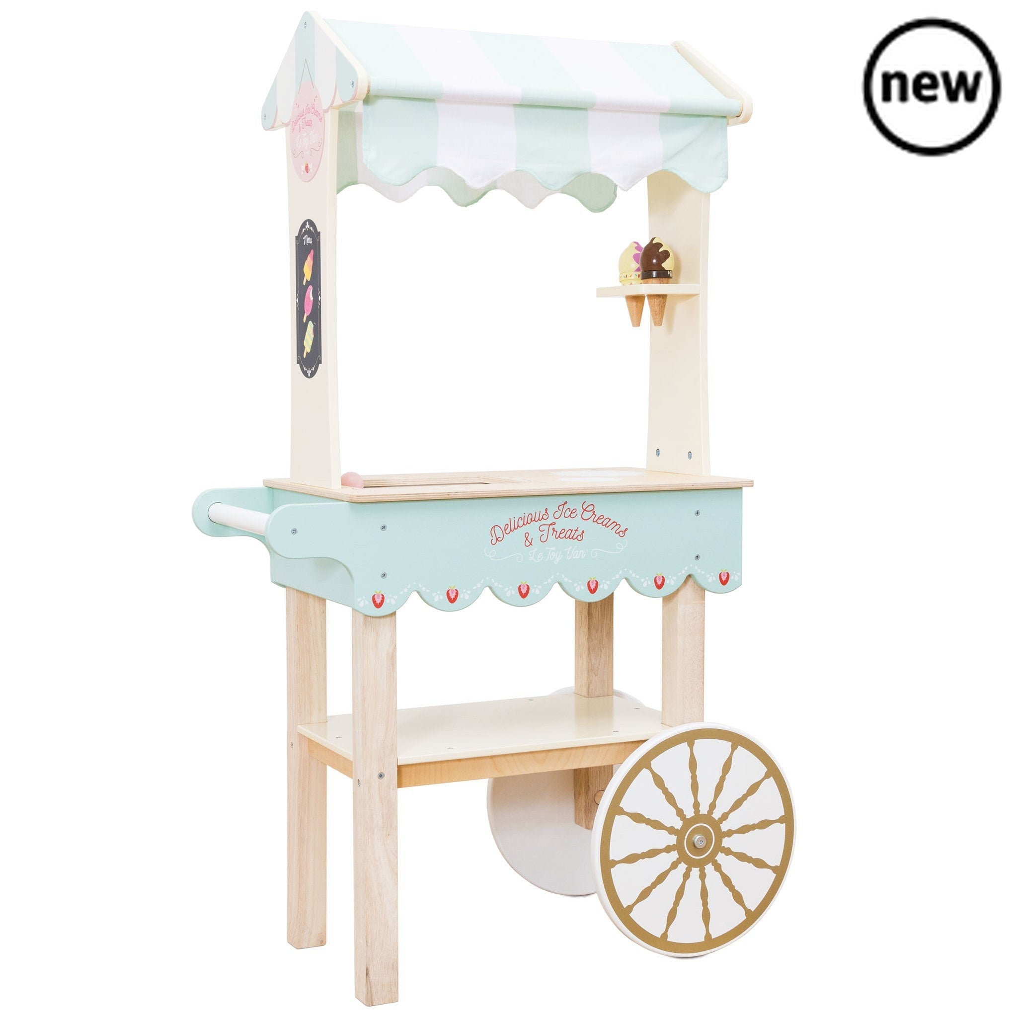 Ice Cream Trolley and Treats, Ice Cream Trolley and Treats,Pretend Play Toys,Role Play Toys,Christmas Toys, Ice Cream Trolley and Treats,This whimsical Ice-Cream Trolley toy is a nostalgic nod to bygone days and fairs, encouraging both imaginative play and a sense of wonder in children. Key Features Design: The trolley features a barrow style with a classic striped fabric canopy that adds to its vintage allure. Material: Crafted from sustainable wood, t,Ice Cream Trolley andThis whimsical Ice-Cream Trolley 