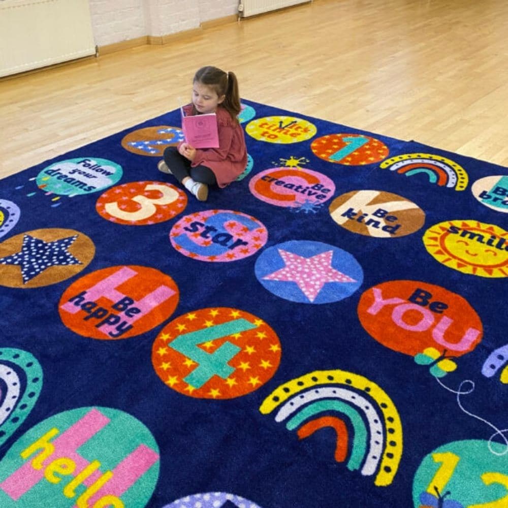 KinderColour Positivity Wellbeing Placement Carpet 3 x 3 metre, , KinderColour Positivity Wellbeing Placement Carpet 3 x 3 metre,Introducing our KinderColour Positivity Wellbeing Placement Carpet, a versatile and durable addition to any classroom or learning environment. This carpet provides clearly identifiable seating areas for up to 30 children, promoting organization and structure within the space.Designed with vibrant andIntroducing our KinderColour Positivity Wellbeing Placement Carpet, a versatile an