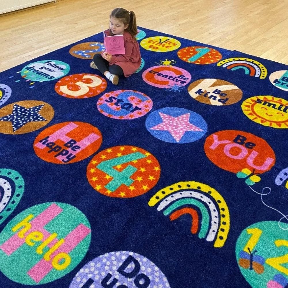 KinderColour Positivity Wellbeing Placement Carpet 3 x 3 metre, , KinderColour Positivity Wellbeing Placement Carpet 3 x 3 metre,Introducing our KinderColour Positivity Wellbeing Placement Carpet, a versatile and durable addition to any classroom or learning environment. This carpet provides clearly identifiable seating areas for up to 30 children, promoting organization and structure within the space.Designed with vibrant andIntroducing our KinderColour Positivity Wellbeing Placement Carpet, a versatile an