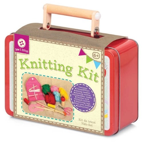 Knitting Kit, Knitting Kit,Children's knitting kit,Childrens knitting ideas,Childrens craft sets,Childrens knitting pack, Knitting Kit,Metal tin packed with essential knitting equipment and supplies. This set serves as a perfect starter kit for anyone interested in knitting, making it an ideal addition to any gift or crafts range. The box includes five bales of wool, two rolls of cotton thread, a wooden French knitter, a pompom maker, two sets of knit,Knitting KitMetal tin packed with essential knitting equ