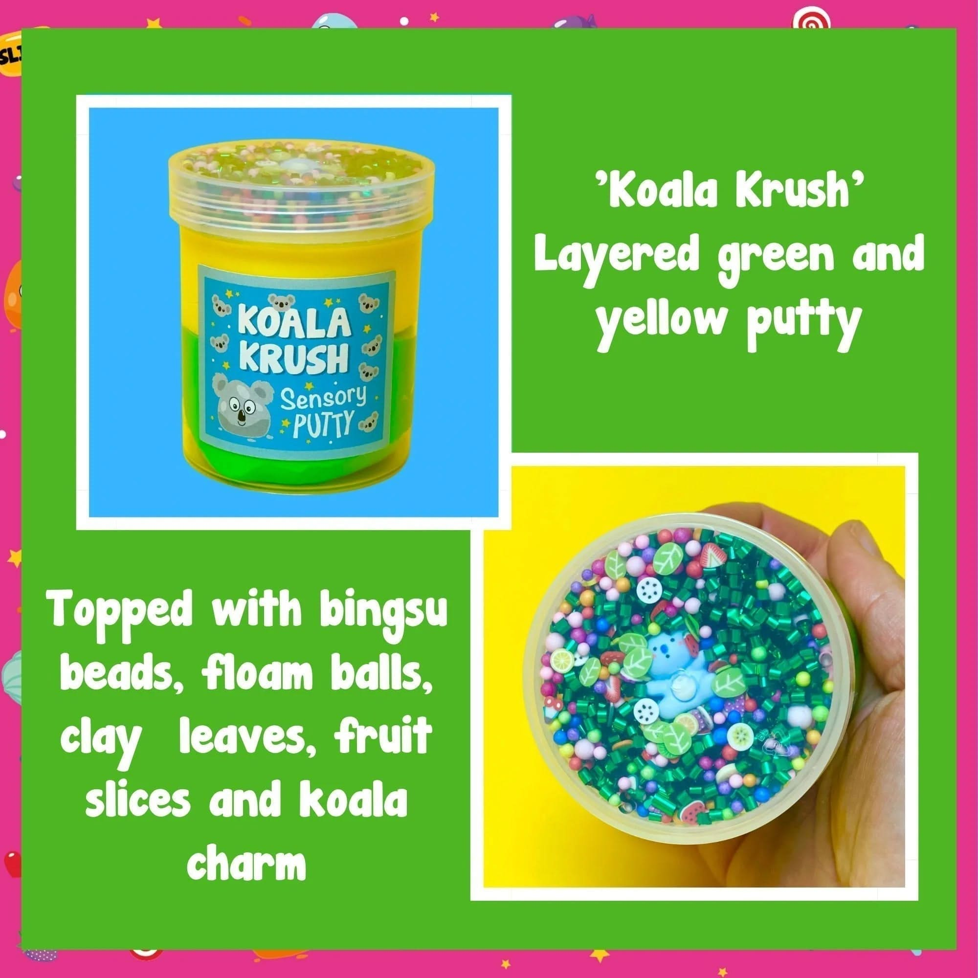 Koala Krush Putty, Koala Krush Putty,Sensory Putty,slimepartyuk, Slime party,Blossom burst sensory putty, Koala Krush Putty,Your favourite fluffy friend has the perfect putty in store for you! Our Koala Krush putty has a duo of yellow and green putty, topped with rainbow floam balls, shimmering green bingsu beads, fruit themed sprinkles and an adorable koala charm, accompanied by a gentle mint scent too! Putties are air reactive and will dr,Koala KrushYour favourite fluffy friend has the perfect putty in st