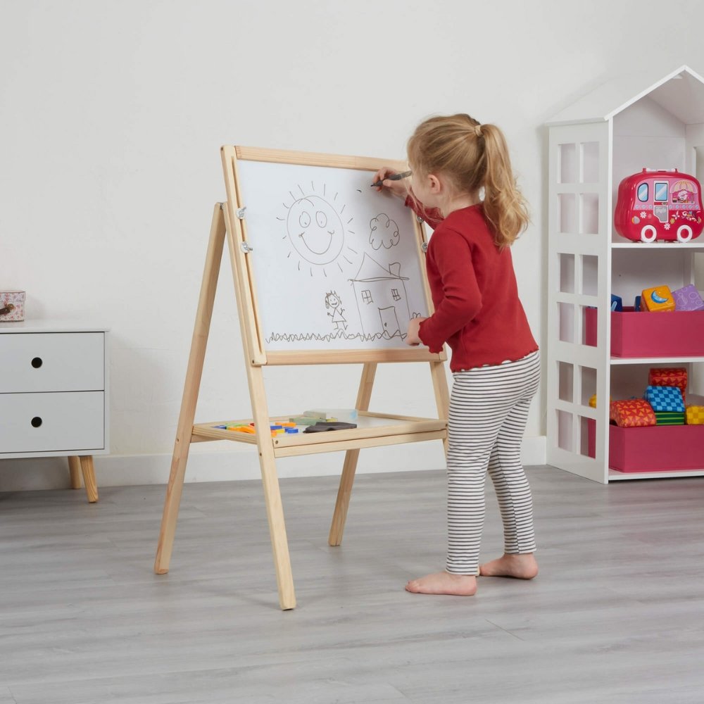 Little Acorns Height Adjustable Double Sided Easel, , Little Acorns Height Adjustable Double Sided Easel,Unleash the inner artist, with this reversible double-sided easel with a chalkboard one side and a magnetic dry wipe board the other. Children can draw, write and scribble! Children using this easel will get multiple benefits such as developing fine motor skills through holding pens or chalk, gross motor skillsUnleash the inner artist, with this reversible double-sided easel with a chalkboard one side an