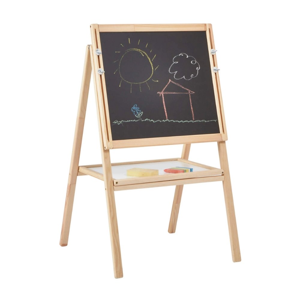 Little Acorns Height Adjustable Double Sided Easel, , Little Acorns Height Adjustable Double Sided Easel,Unleash the inner artist, with this reversible double-sided easel with a chalkboard one side and a magnetic dry wipe board the other. Children can draw, write and scribble! Children using this easel will get multiple benefits such as developing fine motor skills through holding pens or chalk, gross motor skillsUnleash the inner artist, with this reversible double-sided easel with a chalkboard one side an