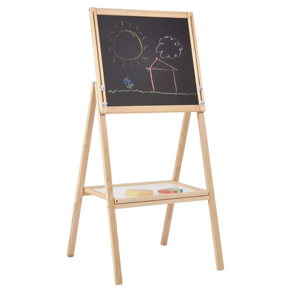 Little Acorns Height Adjustable Double Sided Easel, , Little Acorns Height Adjustable Double Sided Easel,Unleash the inner artist, with this reversible double-sided easel with a chalkboard one side and a magnetic dry wipe board the other. Children can draw, write and scribble! Children using this easel will get multiple benefits such as developing fine motor skills through holding pens or chalk, gross motor skillsUnleash the inner artist, with this reversible double-sided easel with a chalkboard one side an