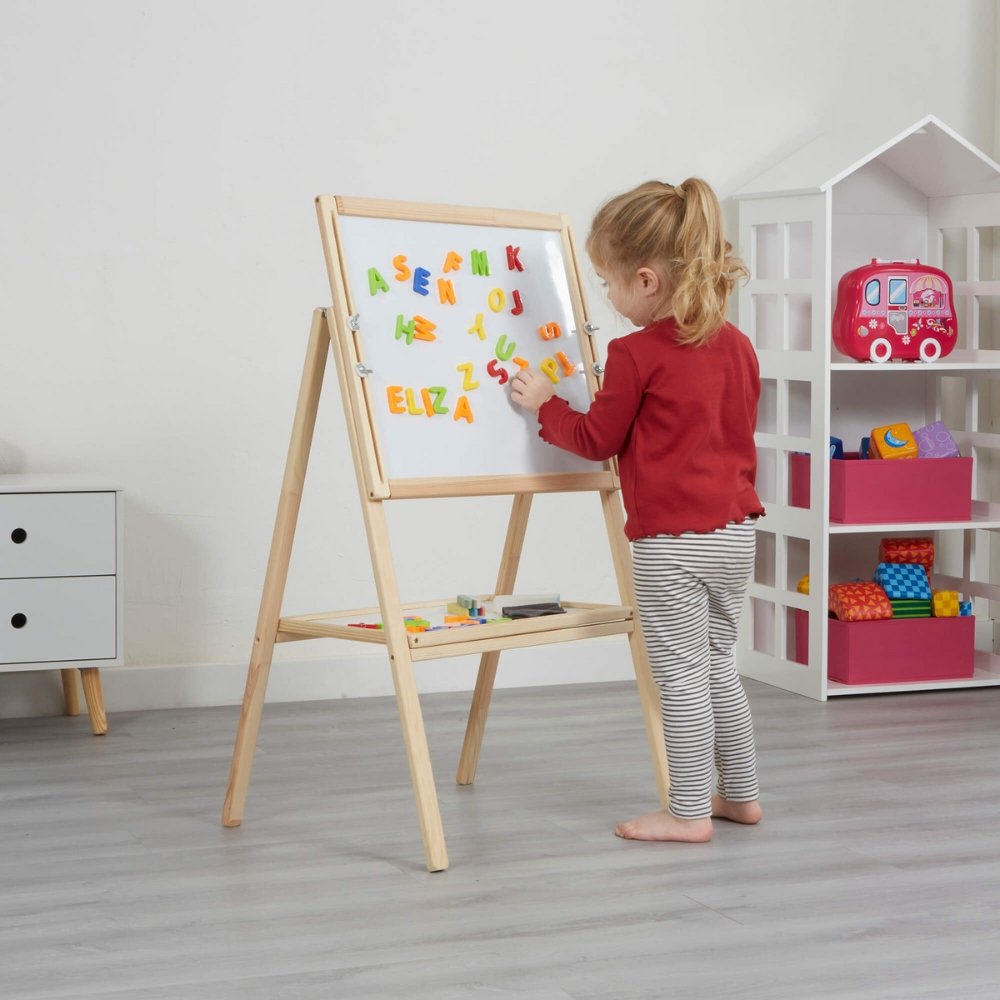 Little Acorns Height Adjustable Double Sided Easel, , Little Acorns Height Adjustable Double Sided Easel,Unleash the inner artist, with this reversible double-sided easel with a chalkboard one side and a magnetic dry wipe board the other. Children can draw, write and scribble! Children using this easel will get multiple benefits such as developing fine motor skills through holding pens or chalk, gross motor skillsUnleash the inner artist, with this reversible double-sided easel with a chalkboard one side an