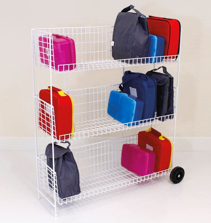 Lunchbox Tidy feat 2 Castors, Lunchbox Tidy feat 2 Castors,school lunchbox trolley,school lunch box trolleys,school classroom resources, Lunchbox Tidy feat 2 Castors,The Lunchbox Tidy feat 2 Castors is a sturdy wire powder coated storage rack complete with 2 castors. The Lunchbox Tidy feat 2 Castors is single sided and holds approximately 20 standard size lunchboxes. Assembly required. Suitable for ages 3+ A Sturdy wire powder coated storage rack complete with 2 castors DimensionsThe Lunchbox Tidy feat 2 Ca