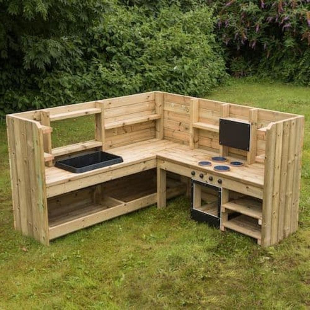 Messy Corner Kitchen, Messy Corner Kitchen,school Playground equipment,school playground equipment,school playground wooden houses, Messy Corner Kitchen,This high quality, sturdy Messy Corner Kitchen unit fits perfectly into a corner. The Messy Corner Kitchen features a large surface area for a group of children to collaborate and create together! Watch as they slosh, mash and stir their mixtures in the large, removable sink or use the chalkboard to encourage mark maki,Messy Corner KitchenThis high quality,