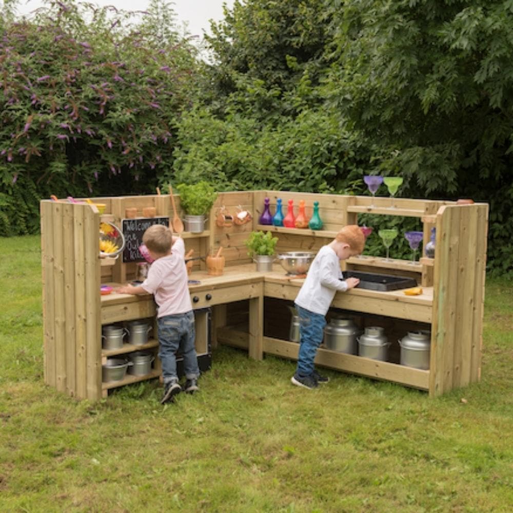 Messy Corner Kitchen, Messy Corner Kitchen,school Playground equipment,school playground equipment,school playground wooden houses, Messy Corner Kitchen,This high quality, sturdy Messy Corner Kitchen unit fits perfectly into a corner. The Messy Corner Kitchen features a large surface area for a group of children to collaborate and create together! Watch as they slosh, mash and stir their mixtures in the large, removable sink or use the chalkboard to encourage mark maki,Messy Corner KitchenThis high quality,