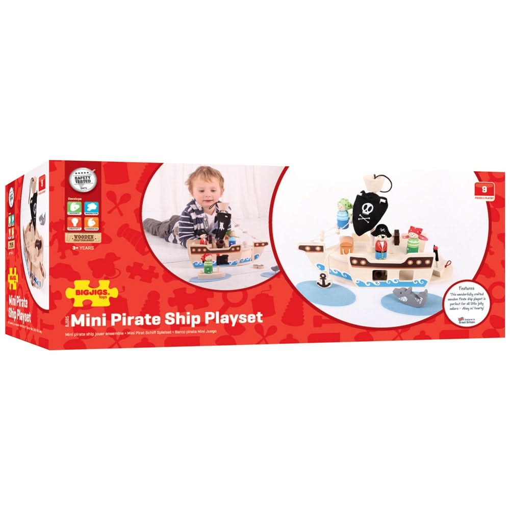 Mini Pirate Ship Playset, Mini Pirate Ship Playset,Pirate Ship Playset,Bigjigs toys,Pretend play toys,Pirate toys,wooden pirate ship,pirate ship toys,pirate ship pretend play, Mini Pirate Ship Playset,Bigjigs Mini Pirate Ship Playset "Ahoy, Captain!" Set sail on an imaginative adventure with the Mini Pirate Ship Playset! Perfect for young explorers, this delightful wooden playset comes complete with everything needed for a swashbuckling journey. What's Included In The Bigjigs Mini Pirate Ship Playset: 10-Pi