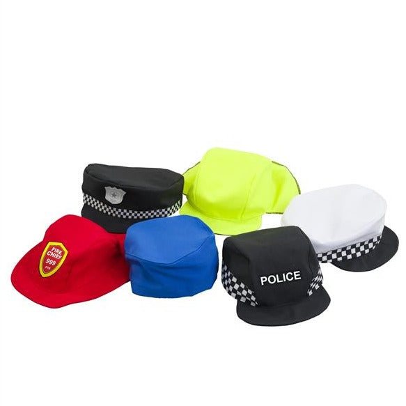 Occupational Hats 5pk, Occupational Hats 5pk, Role Play Resources, Story Time Resources, People who help us fancy dress, Occupational Hats 5pk,A set of 5 People who help dressing up soft hats.The Occupational Hats are more rugged than plastic hats and are the perfect solution for long term durability.The Occupational Hats are durable for stuffing into toy boxes etc. Red Firefighter’s Hat with red and yellow ‘Fire Chief’ front printed emblem. White TrafficA set of 5 People who help dressing up soft hats.The 