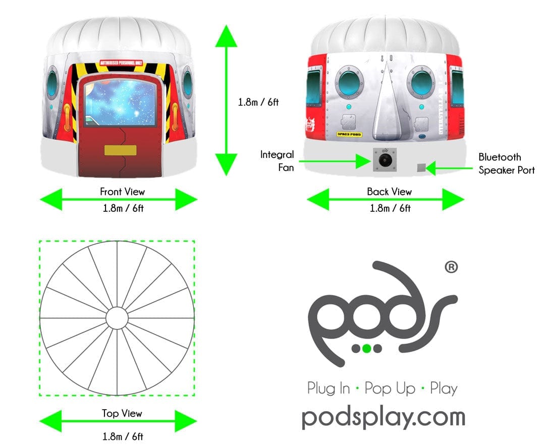 PODS Galactic Space Adventure, PODS Galactic Space Adventure,Sensory PODS,Sensory Dens,Sensory tents,inflatable sensory tent den, PODS Galactic Space Adventure,Size: 1.8m Diameter (approx 6ft), 1.8m High (approx 6ft) (Exterior Dimensions) 11kg Packed Weight, Including Fan Warranty: PODS comes with a 1 year manufacturer's warranty. Within this year, we'll happily replace any fault that you may have with PODS. Climb aboard PODS Interstellar 14 spacecraft for an outer world expe,PODS Galactic SpaceSize: 1.8m D