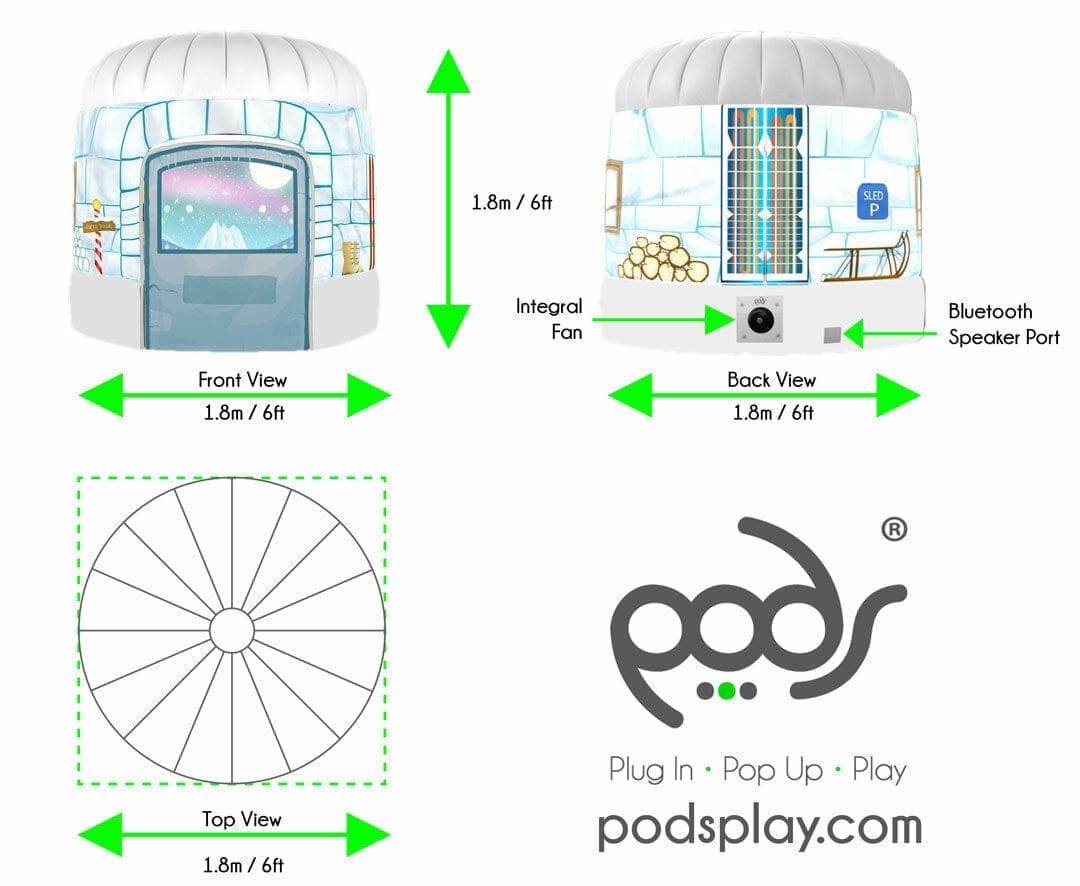 PODS Polar Ice Igloo, PODS Polar Ice Igloo,sensory den,sensory room den,inflatable sensory den, PODS Polar Ice Igloo,Size: 1.8m Diameter (approx 6ft), 1.8m High (approx 6ft) (Exterior Dimensions) 11kg Packed Weight, Including Fan Warranty: PODS comes with a 1 year manufacturer's warranty. Within this year, we'll happily replace any fault that you may have with PODS. It's snow joke... PODS isSize: 1.8m Diameter (approx 6ft), 1.8m High (approx 6ft) (Exterior Dimensions) 11kg Packed Weight, Including Fan Warra