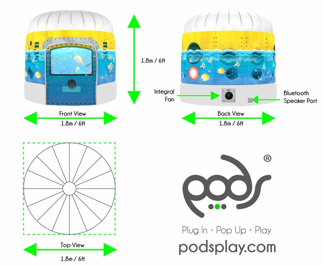 PODS Sub Aqua Quest, PODS Sub Aqua Quest,Sensory Tent,Sensory Den, Sensory Environments, School sensory room ideas, PODS Sub Aqua Quest,Size: 1.8m Diameter (approx 6ft), 1.8m High (approx 6ft) (Exterior Dimensions) 11kg Packed Weight, Including Fan Warranty: PODS comes with a 1 year manufacturer's warranty. Within this year, we'll happily replace any fault that you may have with PODS. Sitting on board the submarine, kids can view the ocean floor, go se,PODS Sub Aqua QuestSize: 1.8m Diameter (approx 6ft), 1.