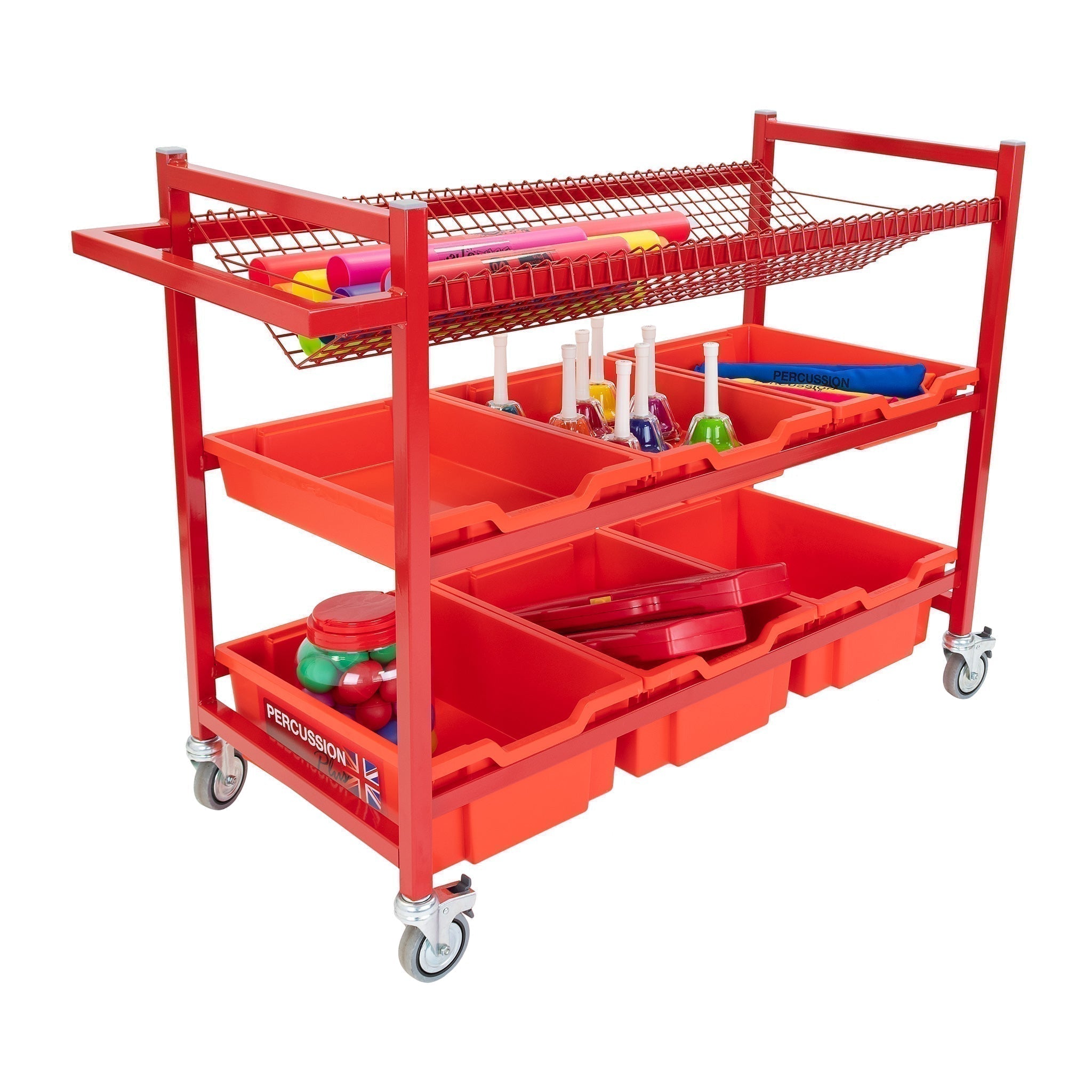 Percussion Plus mobile instrument trolley, Percussion Plus mobile instrument trolley,Music storage trolley,Music storage equipment, Percussion Plus mobile instrument trolley,Our recently redesigned and upgraded PP1057 storage trolley has 3 levels. Up top there is a V shaped plastic coated wire shelf, the middle contains 3 x Gratnells shallow plastic trays and at the bottom there are 3 x Gratnells deep plastic trays.Metal framed storage is strong and durable making it ideal forOur recently redesigned and upg