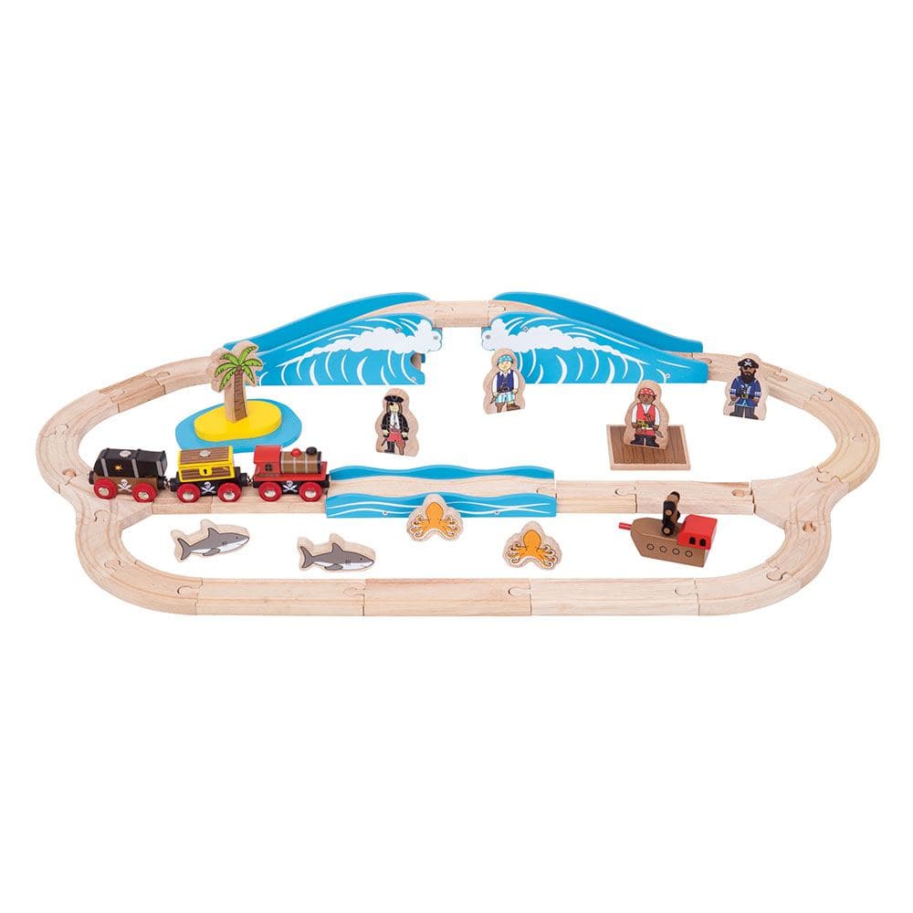 Pirate Train Set, Pirate Train Set, Bigjigs pirate train set,bigjigs train set,bigjigs wooden play train set, Pirate Train Set,Ahoy, me hearties! This Pirate Wooden Train Set is ready for your little one's swashbuckling adventure on the high seas! The pirate train includes two carriages carrying removable loads of a cannon and a treasure chest! Journey through the perilous landscape featuring bumpy track as you chug past stormy seas and a brid,Pirate Train SetAhoy, me hearties! This Pirate Wooden Train Set 