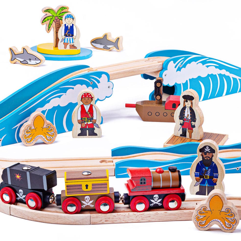 Pirate Train Set, Pirate Train Set, Bigjigs pirate train set,bigjigs train set,bigjigs wooden play train set, Pirate Train Set,Ahoy, me hearties! This Pirate Wooden Train Set is ready for your little one's swashbuckling adventure on the high seas! The pirate train includes two carriages carrying removable loads of a cannon and a treasure chest! Journey through the perilous landscape featuring bumpy track as you chug past stormy seas and a brid,Pirate Train SetAhoy, me hearties! This Pirate Wooden Train Set 