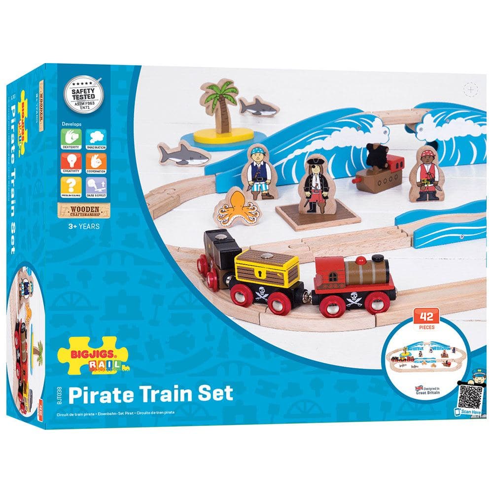 Pirate Train Set, Pirate Train Set, Bigjigs pirate train set,bigjigs train set,bigjigs wooden play train set, Pirate Train Set,Ahoy, me hearties! This Pirate Wooden Train Set is ready for your little one's swashbuckling adventure on the high seas! The pirate train includes two carriages carrying removable loads of a cannon and a treasure chest! Journey through the perilous landscape featuring bumpy track as you chug past stormy seas and a brid,Pirate Train SetAhoy, me hearties! This Pirate Wooden Train Set 