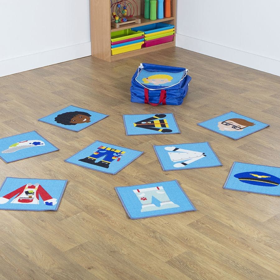 Professions Mini Placement Carpets with holdall, Professions Mini Placement Carpets with holdall,nursery floor cushions,classroom floor cushions, Professions Mini Placement Carpets with holdall,This pack of 40 Professions Mini Placement Carpets offers an opportunity to challenge stereotypes and help children discuss professions that they may recognise, aspire to or interact with. The Professions Mini Placement Carpets with holdall is great for helping children identify adults who may help orThis pack of 40 