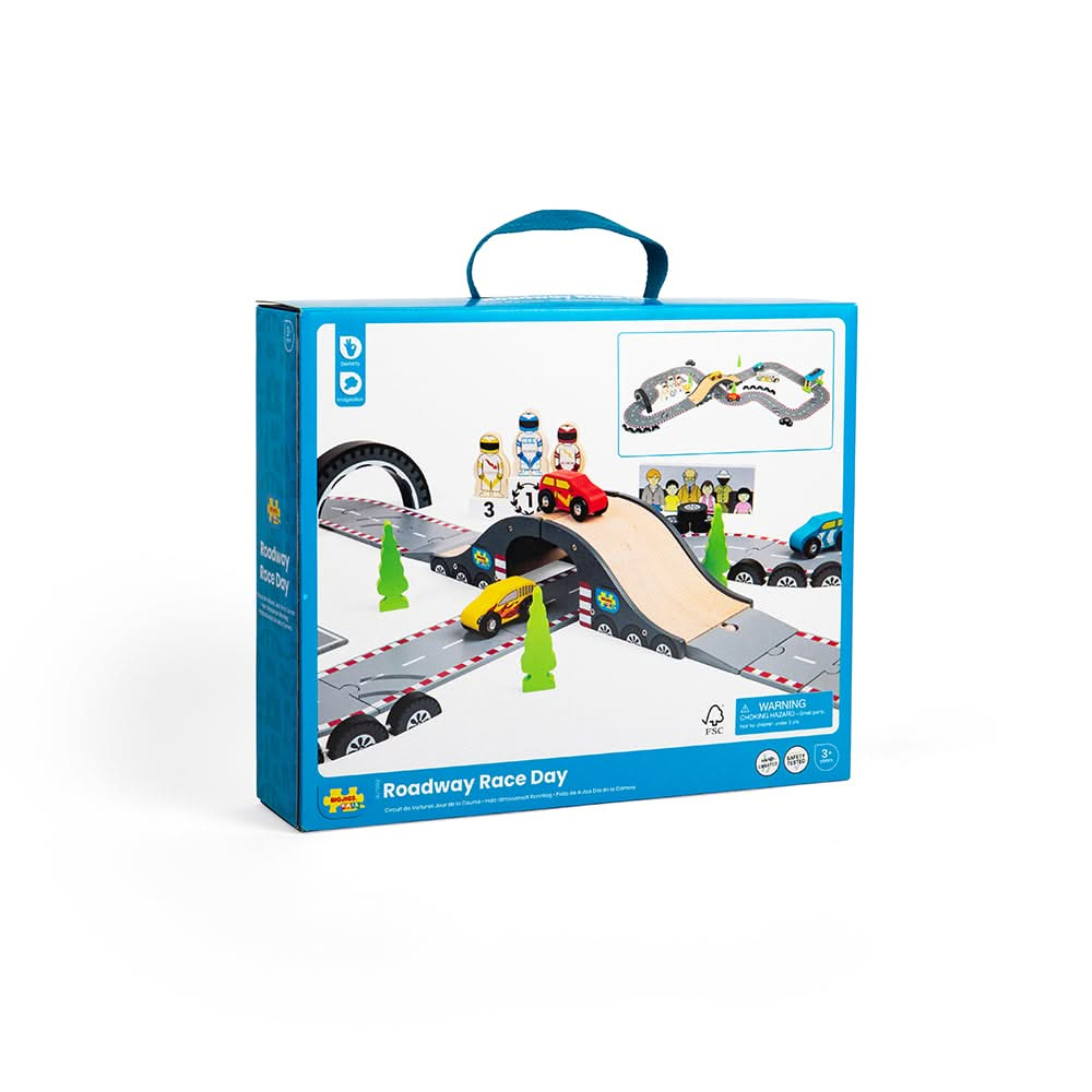 Roadway Race Day, Roadway Race Day,Bigjigs Roadway Race Day,wooden toys,bigjigs wooden toys,Bigjigs Roadway Race Day, Roadway Race Day,On your marks, get set, go! Zoom around corners and race to the finish line with our brand new Race Track Toy Roadway. The perfect gift for little Formula 1 fanatics. Our impressive 47-piece wooden car track is packed with three race cars, three race car drivers, a male & female mechanic, a podium, and a grand stand st,Roadway RaceOn your marks, get set, go! Zoom around corn