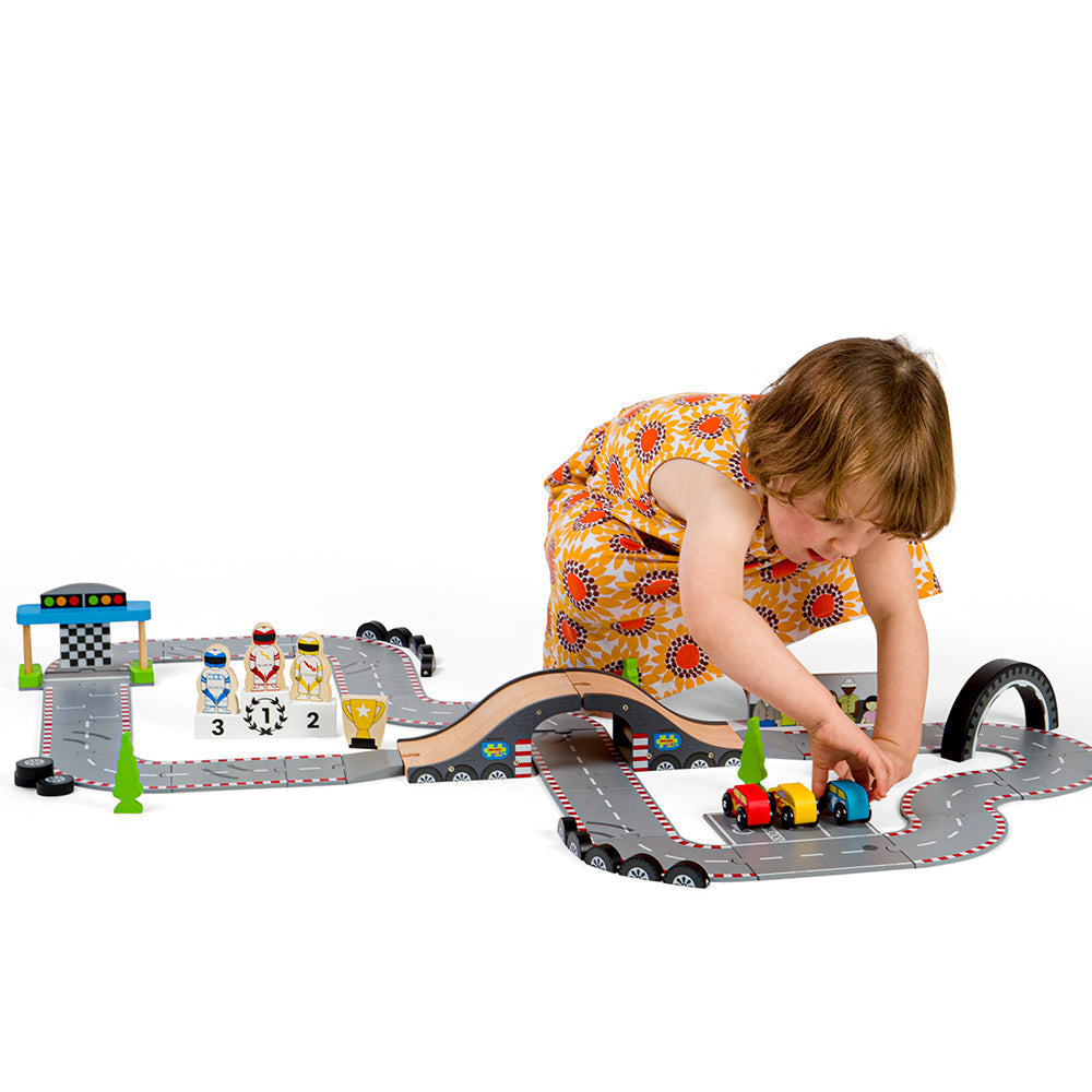 Roadway Race Day, Roadway Race Day,Bigjigs Roadway Race Day,wooden toys,bigjigs wooden toys,Bigjigs Roadway Race Day, Roadway Race Day,On your marks, get set, go! Zoom around corners and race to the finish line with our brand new Race Track Toy Roadway. The perfect gift for little Formula 1 fanatics. Our impressive 47-piece wooden car track is packed with three race cars, three race car drivers, a male & female mechanic, a podium, and a grand stand st,Roadway RaceOn your marks, get set, go! Zoom around corn