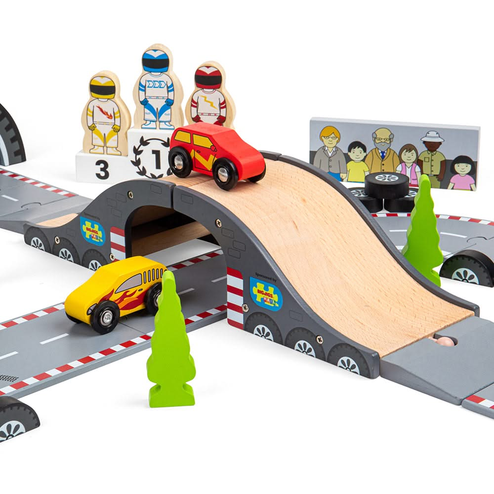 Roadway Race Day, Roadway Race Day,Bigjigs Roadway Race Day,wooden toys,bigjigs wooden toys,Bigjigs Roadway Race Day, Roadway Race Day,On your marks, get set, go! Zoom around corners and race to the finish line with our brand new Race Track Toy Roadway. The perfect gift for little Formula 1 fanatics. Our impressive 47-piece wooden car track is packed with three race cars, three race car drivers, a male & female mechanic, a podium, and a grand stand st,Roadway RaceOn your marks, get set, go! Zoom around corn