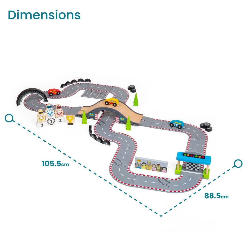 Roadway Race Day, Roadway Race Day,Bigjigs Roadway Race Day,wooden toys,bigjigs wooden toys,Bigjigs Roadway Race Day, Roadway Race Day,On your marks, get set, go! Zoom around corners and race to the finish line with our brand new Race Track Toy Roadway. The perfect gift for little Formula 1 fanatics. Our impressive 47-piece wooden car track is packed with three race cars, three race car drivers, a male & female mechanic, a podium, and a grand stand st,Roadway RaceOn your marks, get set, go! Zoom around corn