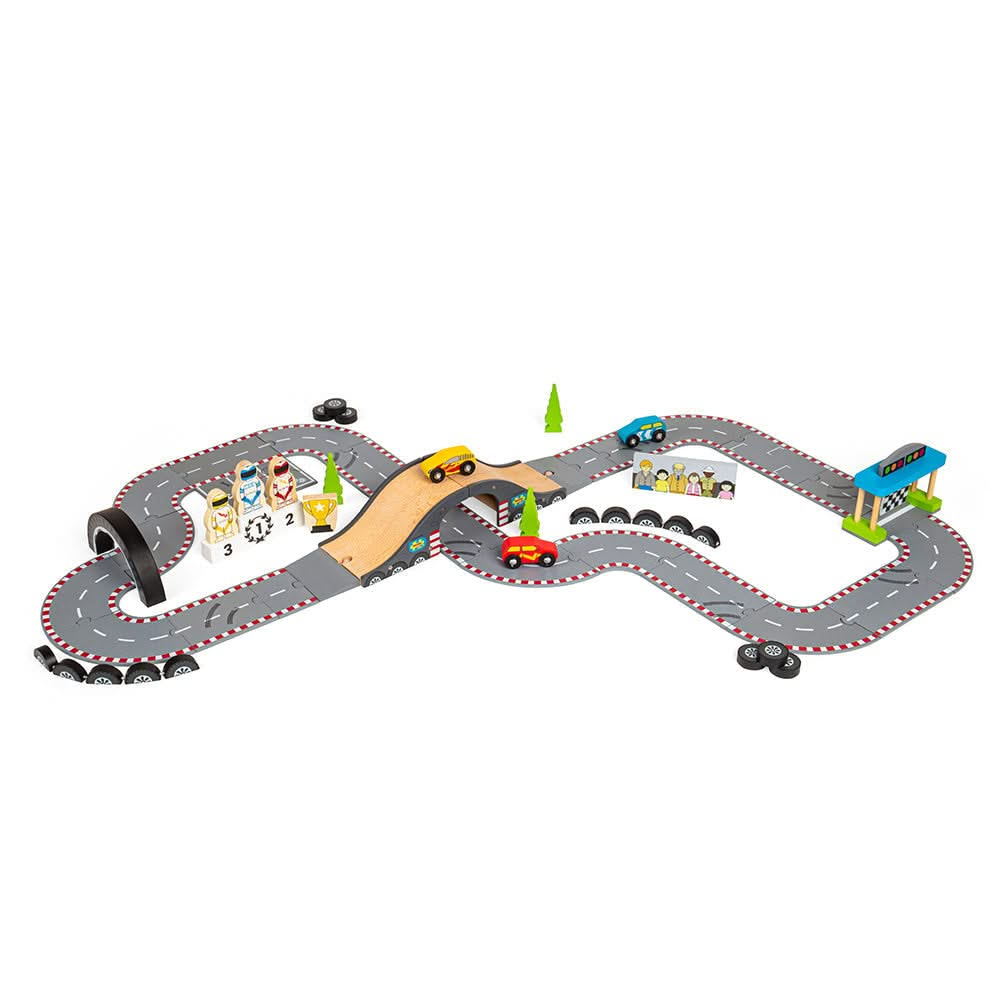 Roadway Race Day, Roadway Race Day,Bigjigs Roadway Race Day,wooden toys,bigjigs wooden toys,Bigjigs Roadway Race Day, Roadway Race Day,On your marks, get set, go! Zoom around corners and race to the finish line with our brand new Race Track Toy Roadway. The perfect gift for little Formula 1 fanatics. Our impressive 47-piece wooden car track is packed with three race cars, three race car drivers, a male & female mechanic, a podium, and a grand stand st,Roadway RaceOn your marks, get set, go! Zoom around corn