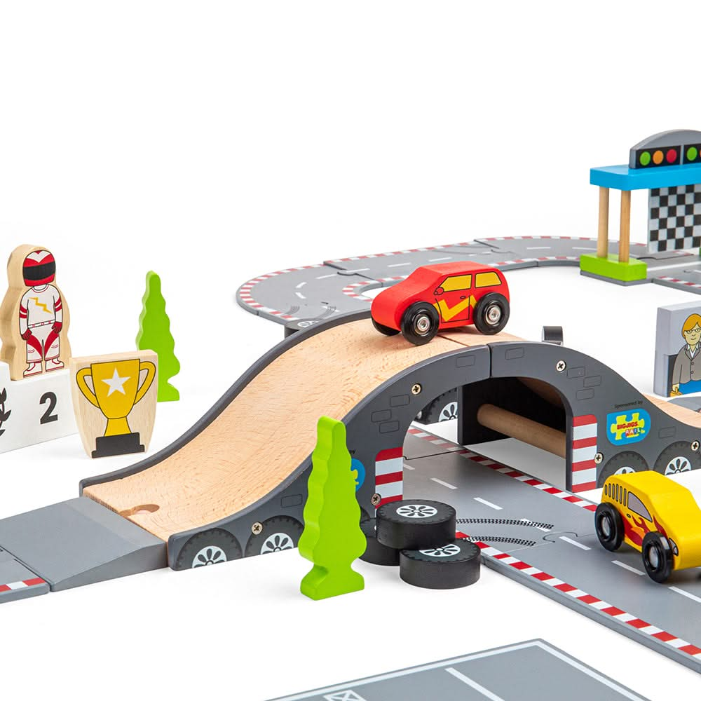 Roadway Race Day, Roadway Race Day,Bigjigs Roadway Race Day,wooden toys,bigjigs wooden toys,Bigjigs Roadway Race Day, Roadway Race Day,On your marks, get set, go! Zoom around corners and race to the finish line with our brand new Race Track Toy Roadway. The perfect gift for little Formula 1 fanatics. Our impressive 47-piece wooden car track is packed with three race cars, three race car drivers, a male & female mechanic, a podium, and a grand stand st,Roadway RaceOn your marks, get set, go! Zoom around corn