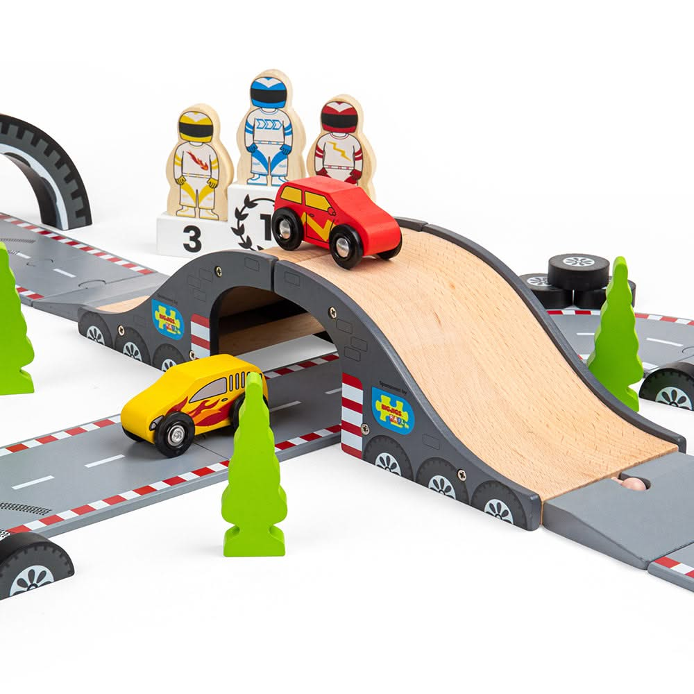 Roadway Race Day, Roadway Race Day,Bigjigs Roadway Race Day,wooden toys,bigjigs wooden toys,Bigjigs Roadway Race Day, Roadway Race Day,On your marks, get set, go! Zoom around corners and race to the finish line with our brand new Race Track Toy Roadway. The perfect gift for little Formula 1 fanatics. Our impressive 47-piece wooden car track is packed with three race cars, three race car drivers, a male & female mechanic, a podium, and a grand stand st,Roadway RaceOn your marks, get set, go! Zoom around corn