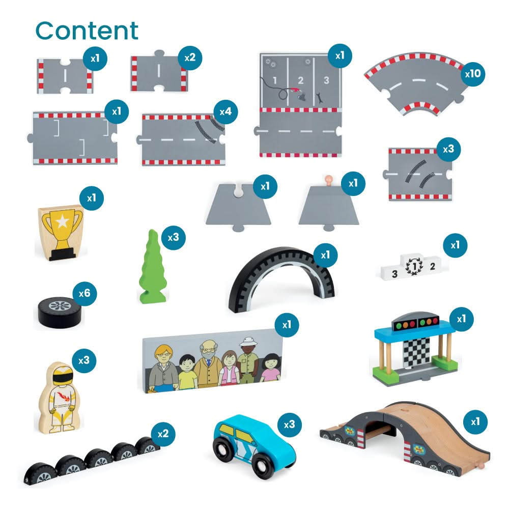 Roadway Race Day, Roadway Race Day,Bigjigs Roadway Race Day,wooden toys,bigjigs wooden toys,Bigjigs Roadway Race Day, Roadway Race Day,On your marks, get set, go! Zoom around corners and race to the finish line with our brand new Race Track Toy Roadway. The perfect gift for little Formula 1 fanatics. Our impressive 47-piece wooden car track is packed with three race cars, three race car drivers, a male & female mechanic, a podium, and a grand stand st,Roadway RaceOn your marks, get set, go! Zoom around corn