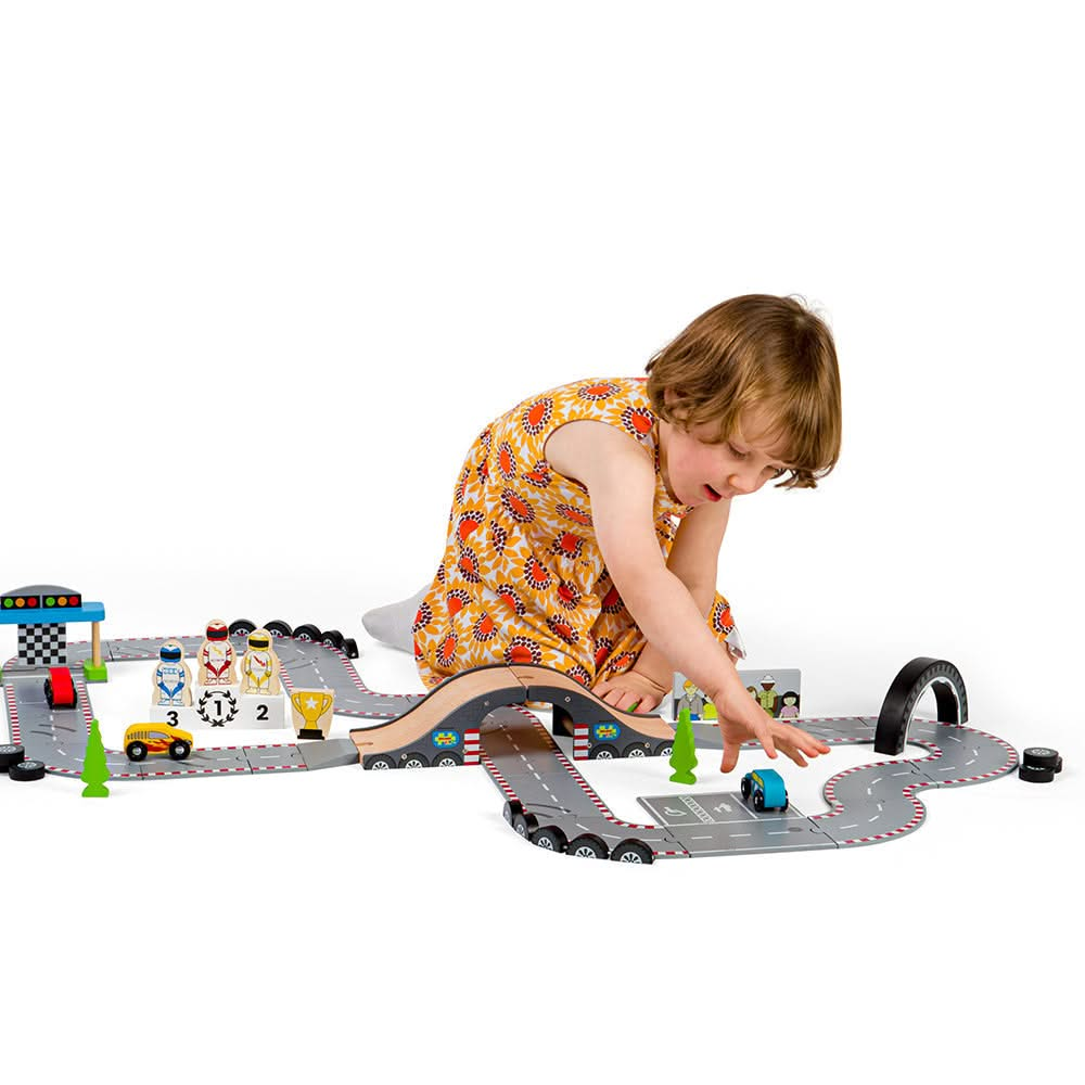 Roadway Race Day, Roadway Race Day,Bigjigs Roadway Race Day,wooden toys,bigjigs wooden toys,Bigjigs Roadway Race Day, Roadway Race Day,On your marks, get set, go! Zoom around corners and race to the finish line with our brand new Race Track Toy Roadway. The perfect gift for little Formula 1 fanatics. Our impressive 47-piece wooden car track is packed with three race cars, three race car drivers, a male & female mechanic, a podium, and a grand stand st,Roadway RaceOn your marks, get set, go! Zoom around corn