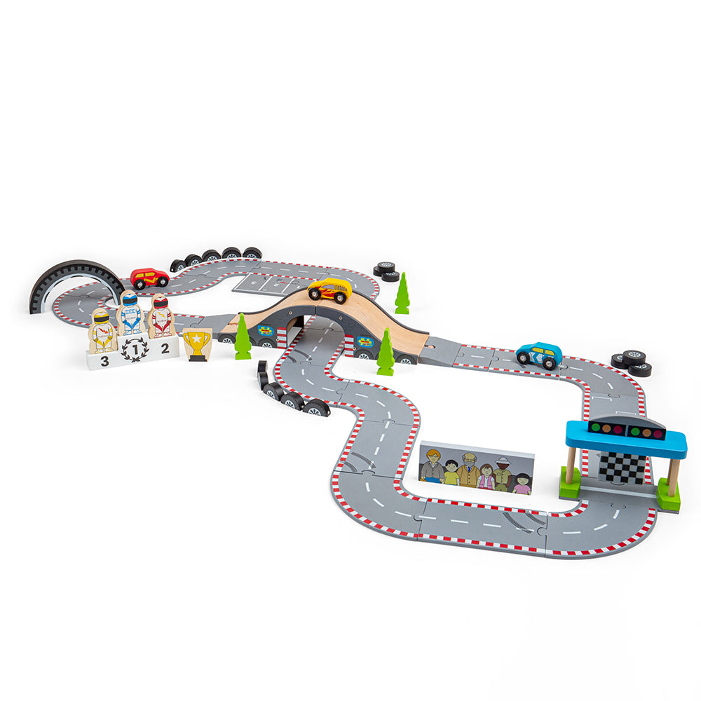 Roadway Race Day, Roadway Race Day,Bigjigs Roadway Race Day,wooden toys,bigjigs wooden toys,Bigjigs Roadway Race Day, Roadway Race Day,On your marks, get set, go! Zoom around corners and race to the finish line with our brand new Race Track Toy Roadway. The perfect gift for little Formula 1 fanatics. Our impressive 47-piece wooden car track is packed with three race cars, three race car drivers, a male & female mechanic, a podium, and a grand stand st,Roadway RaceOn your marks, get set, go! Zoom around corn