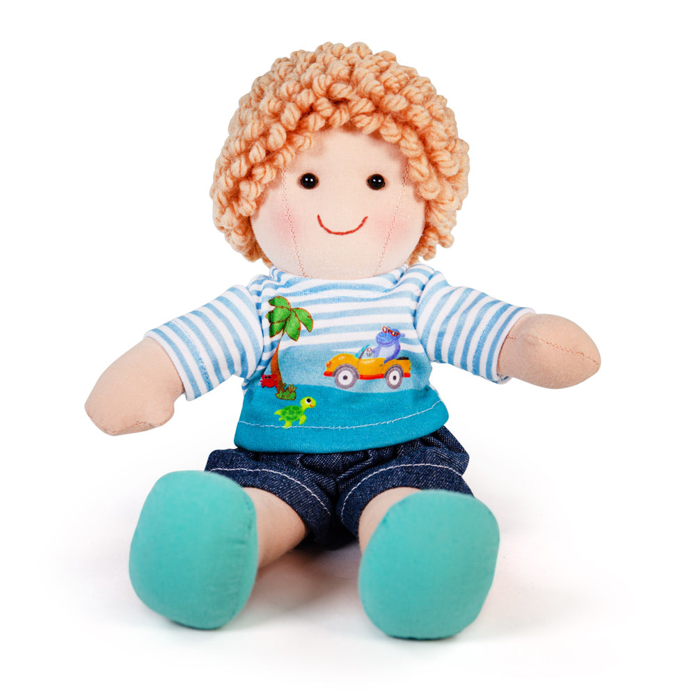 Robin Doll - Medium, , Robin Doll - Medium,Robin Doll is ready to meet his new best pal! Robin is a soft and cuddly ragdoll dressed in an adorable outfit. Robin has curly hair and wears a striped top with a beach design, denim shorts and blue shoes. Robin Doll’s soft material makes him the perfect toddler doll as he’s 34cm tall and gentle on little hands. Robin,Robin Doll - MediumRobin Doll is ready to meet his new best pal! Robin is a soft and cuddly ragdoll dressed in an adorable outfit. Robin has curly h