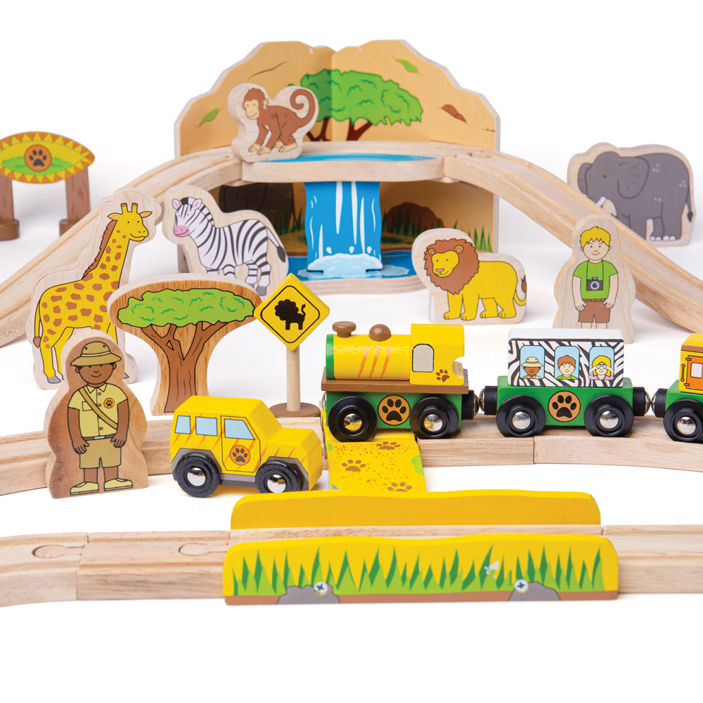 Safari Train Set, Safari Train Set,Bigjigs Safari Train Set,Safari Train Set toy,children's wooden train sets, Safari Train Set,All aboard! The Safari Train is departing on a Bigjigs Safari adventure. What wild animals will you spot along the way? The cheeky monkey, or the giant giraffe? Maybe you'll even hear the loud lion! This 38-piece wooden train set includes high-quality wooden tracks, a safari toyAll aboard! The Safari Train is departing on a Bigjigs Safari adventure. What wild animals will you spot 