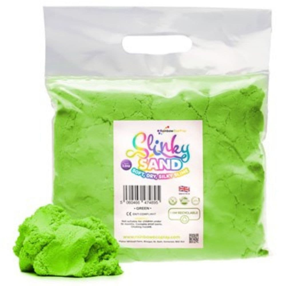 Slinky Sand Green 2.5kg Bag, Slinky Sand Green 2.5kg Bag,Slinky sand,Rainbow Eco play sand, Rainbowecoplay ,sensory sand,play sand,coloured play sand, Children's play sand, Slinky Sand Green 2.5kg Bag,Dive into the captivating world of sensory delight with the Slinky Sand Green 2.5kg Bag! This special sand is not just your ordinary playground granules; it's a sensory sensation that combines the best of both worlds - the dry texture of sand and the smooth flow of slime. Features and Benefits: Light & Tactile