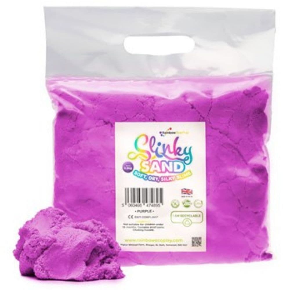 Slinky Sand Purple 2.5kg Bag, Slinky Sand Purple 2.5kg Bag,Rainbow Eco play sand, Rainbowecoplay ,sensory sand,play sand,coloured play sand, Children's play sand, Slinky Sand Purple 2.5kg Bag,Experience a mesmerizing sensory journey with the Slinky Sand Purple 2.5kg Bag. This incredible product is unlike any other, offering the fascinating properties of both sand and slime. Despite its dry composition, watch in awe as it flows effortlessly like liquid slime, providing hours of tactile exploration. Benefits 