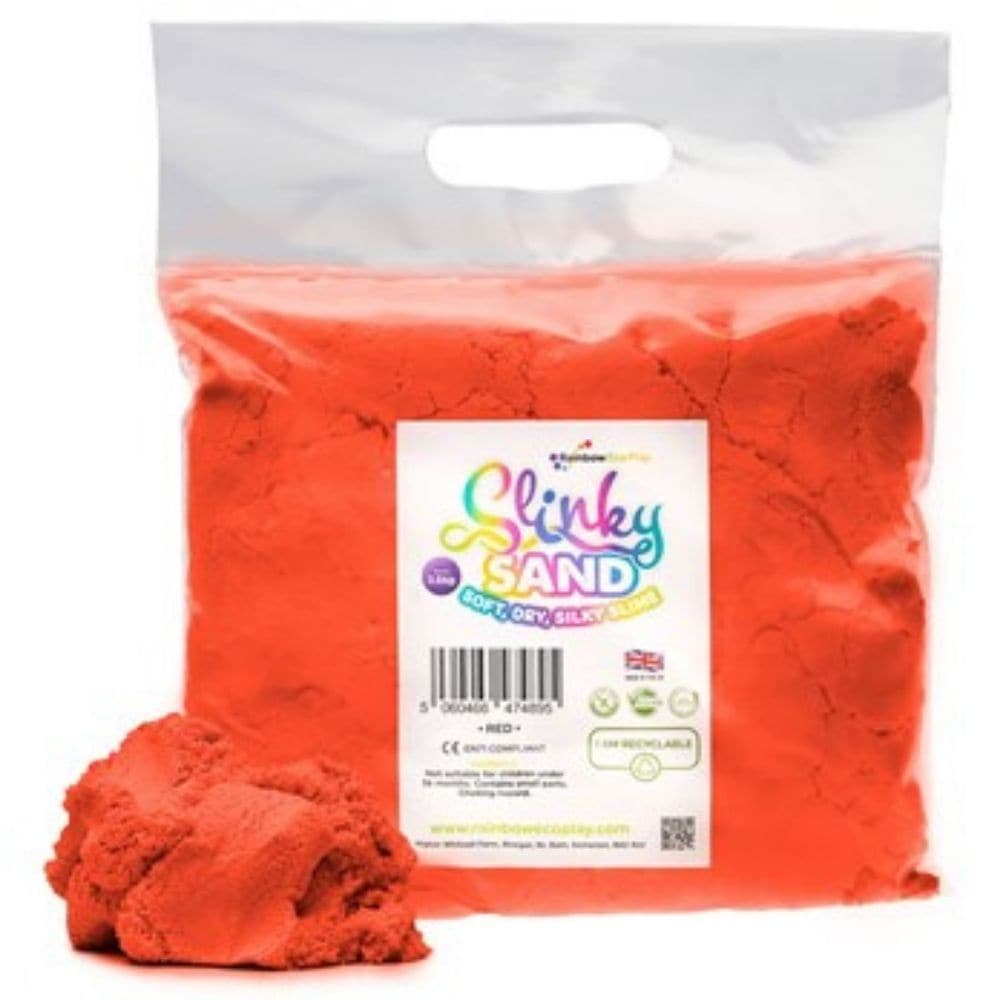 Slinky Sand Red 2.5kg Bag, Slinky Sand Red 2.5kg Bag,Rainbow Eco play sand, Rainbowecoplay ,sensory sand,play sand,coloured play sand, Children's play sand, Slinky Sand Red 2.5kg Bag,Dive into a world of sensory wonder with the Slinky Sand Red 2.5kg Bag. This captivating play sand is more than just sand – it's an experience! Though dry to the touch, it flows and behaves much like slime, offering endless hours of tactile exploration. Its vibrant red colour captures the imagination, making itDive into a world