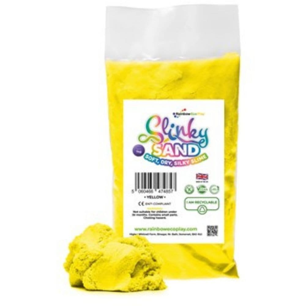 Slinky Sand Yellow 1kg Bag, Slinky Sand Yellow 1kg Bag,Slinky sand,Rainbow Eco play sand, Rainbowecoplay ,sensory sand,play sand,coloured play sand, Children's play sand, Slinky Sand Yellow 1kg Bag,Discover the magic of sensory play with the Slinky Sand Yellow 1kg Bag. This delightful sand promises hours of fun while fostering essential motor skill development in children. A perfect blend between the fine grains of sand and the intriguing consistency of slime, Slinky Sand offers a unique, hands-on experienc