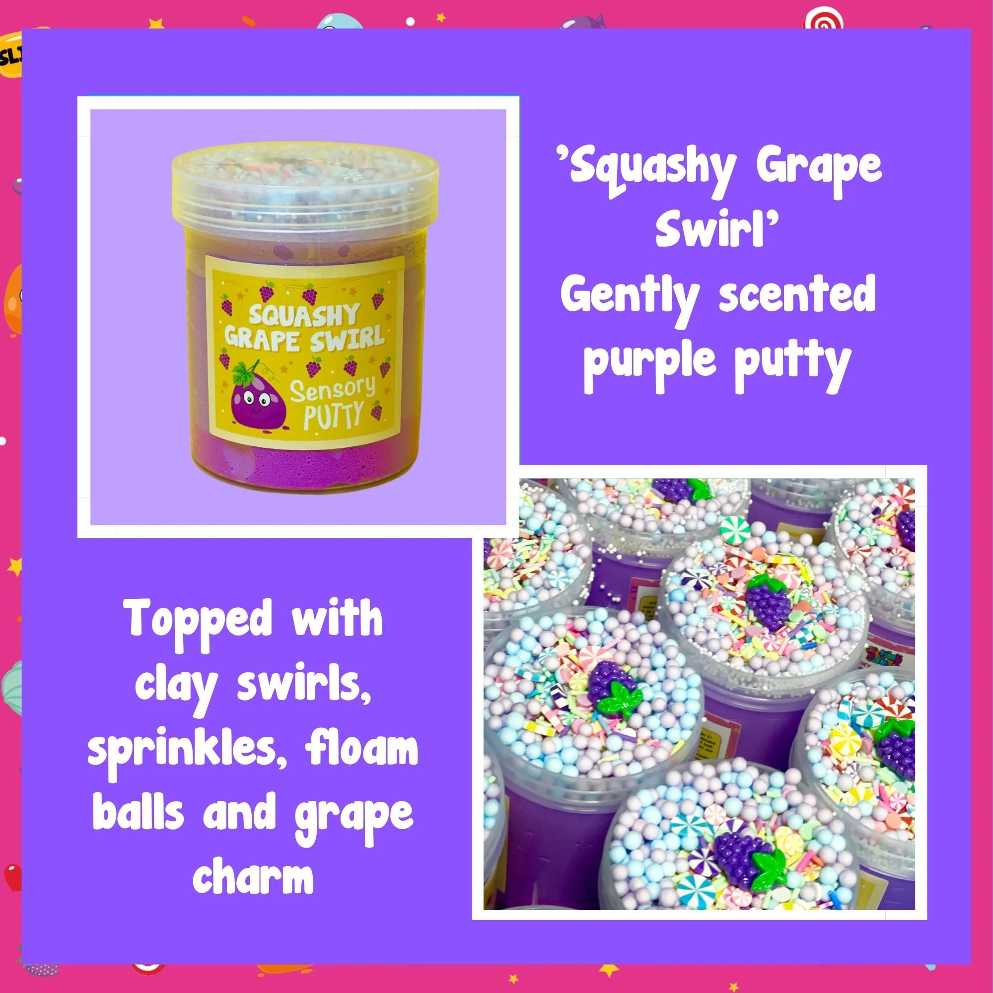 Squashy Grape Swirl Putty, Squashy Grape Swirl Putty,Scented sensory putty,Sensory Putty,slimepartyuk, Slime party,sensory putty, Squashy Grape Swirl Putty,Our Squashy Grape Swirl putty is bursting with squishy goodness! Pastel floam balls, pinwheel clay charms, rainbow sprinkles and grape charm, combined with two shades of gorgeous purple putty and a gentle scent, make for endless fruity fun! Putties are air reactive and will dry out of left out. Always return to the con,Squashy Grape Swirl PuttyOur Squash