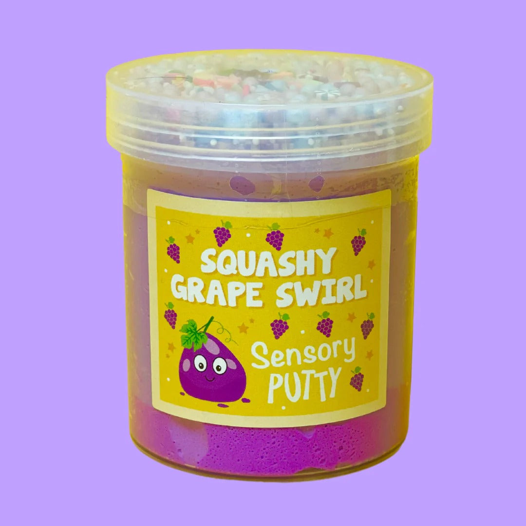 Squashy Grape Swirl Putty, Squashy Grape Swirl Putty,Scented sensory putty,Sensory Putty,slimepartyuk, Slime party,sensory putty, Squashy Grape Swirl Putty,Our Squashy Grape Swirl putty is bursting with squishy goodness! Pastel floam balls, pinwheel clay charms, rainbow sprinkles and grape charm, combined with two shades of gorgeous purple putty and a gentle scent, make for endless fruity fun! Putties are air reactive and will dry out of left out. Always return to the con,Squashy Grape Swirl PuttyOur Squash