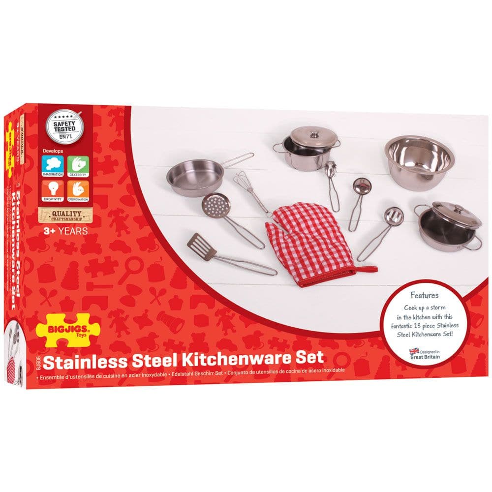 Stainless steel kitchenware set, Bigjigs Stainless steel kitchenware set,pretend play kitchen toys,kitchen toys,pretend play household,children's imaginative play ideas, Stainless steel kitchenware set,Stainless Steel Kitchenware Set Inspire young culinary enthusiasts with this Stainless Steel Kitchenware Set, perfectly sized for small hands and designed to look just as professional as a real kitchen set. This 13-piece set includes everything needed to dive into imaginative cooking play, featuring stainless