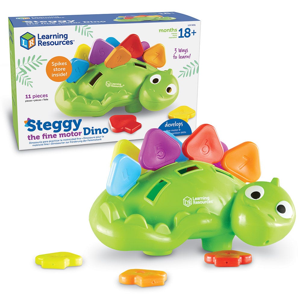 Steggy the Fine Motor Dino, Steggy the Fine Motor Dino,Fine motor skills resources,fine motor skills toys,fine motor skills games, Steggy the Fine Motor Dino,Steggy the Fine Motor Dino helps little learners develop fine motor skills. Inserting the brightly coloured numbered spikes into Steggy’s back helps build hand strength, refine the pincer grasp, and improves hand-eye coordination. Plus, young children also learn aboutSteggy the Fine Motor Dino helps little learners develop fine motor skills. Inserting 