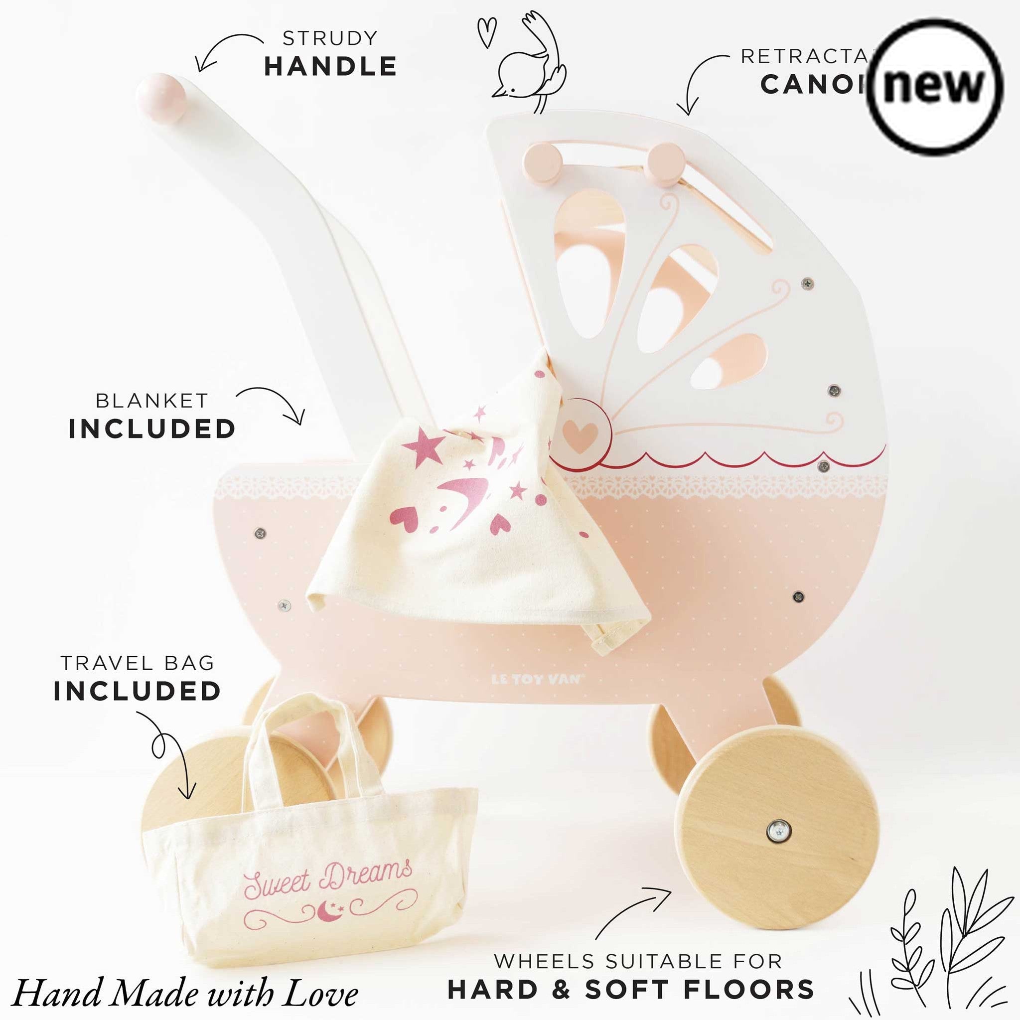 Sweet Dreams Doll Pram, , Sweet Dreams Doll Pram,Take dolly out and about on all their childhood adventures with our beautiful, traditional wooden doll pram stroller. Lovingly designed, this little beauty is full of nostalgia, adorned with prettiest, delicate detailing with heart and lace motifs. Featuring a soft pastel pink, cream and fresh white colour palette, it',Sweet Dreams Doll PramTake dolly out and about on all their childhood adventures with our beautiful, traditional wooden doll pram stroller. Lo