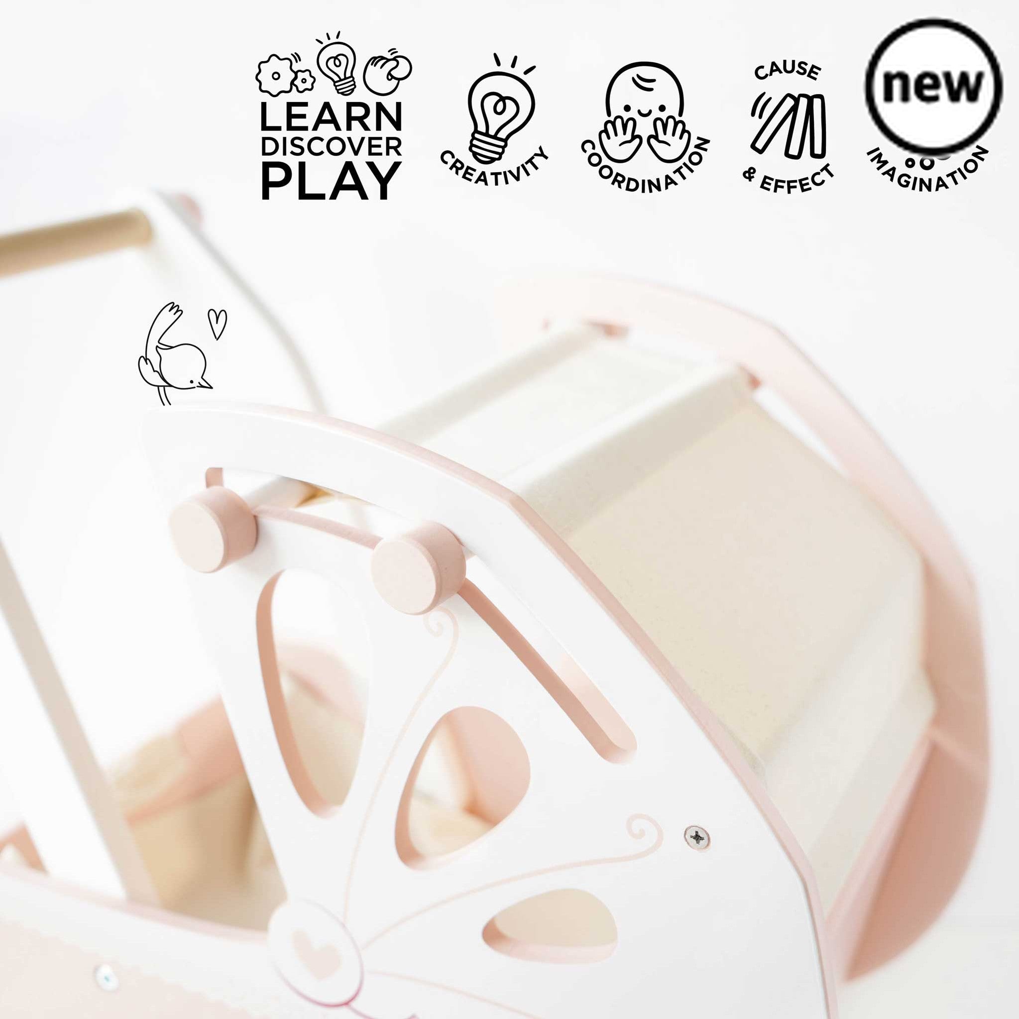 Sweet Dreams Doll Pram, , Sweet Dreams Doll Pram,Take dolly out and about on all their childhood adventures with our beautiful, traditional wooden doll pram stroller. Lovingly designed, this little beauty is full of nostalgia, adorned with prettiest, delicate detailing with heart and lace motifs. Featuring a soft pastel pink, cream and fresh white colour palette, it',Sweet Dreams Doll PramTake dolly out and about on all their childhood adventures with our beautiful, traditional wooden doll pram stroller. Lo