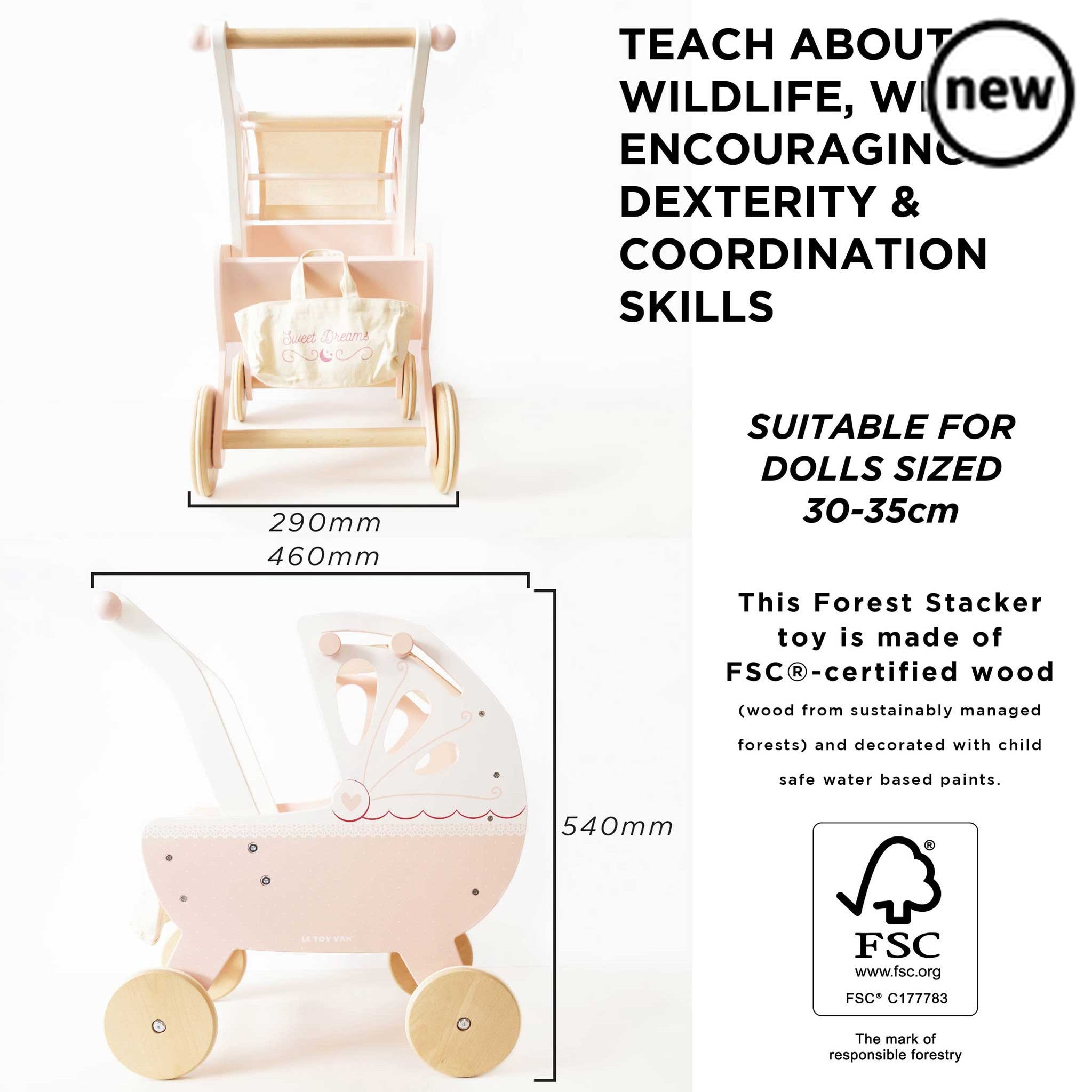 Sweet Dreams Doll Pram, , Sweet Dreams Doll Pram,Take dolly out and about on all their childhood adventures with our beautiful, traditional wooden doll pram stroller. Lovingly designed, this little beauty is full of nostalgia, adorned with prettiest, delicate detailing with heart and lace motifs. Featuring a soft pastel pink, cream and fresh white colour palette, it',Sweet Dreams Doll PramTake dolly out and about on all their childhood adventures with our beautiful, traditional wooden doll pram stroller. Lo