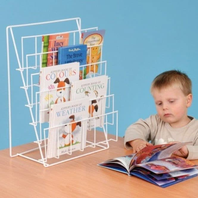 Table Top Wire Book Rack, Table Top Wire Book Rack,school book storage,school book rack,Double Sided Mobile Book Rack,school book racks,classroom book racks,classroom book storage, Table Top Wire Book Rack,The Table Top Wire Book Rack is a useful, single sided table top wire book rack to hold books, magazines or leaflets in the classroom, staff room or reception area. Desktop display book rack ideal for the smaller classroom. The Table Top Wire Book Rack holds up to 20 books face on. Plastic coated for easy