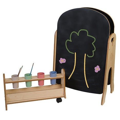 Tall Easel and Storage Trolley, Tall Easel and Storage Trolley, Early years resources,Early Years Easel, Children's easel, Toddler Easels, Tall Easel and Storage Trolley,A tall easel with wide base for stability, featuring reversible chalkboard and blackboard sides. The Tall Easel and Storage Trolley includes a pull out storage unit fitted with two locking castors and hand holes for easy maneuvering. Encourages independent play and creativity. 15mm Covered MDF – ISO 22196 certified ant,Tall Easel and Storag