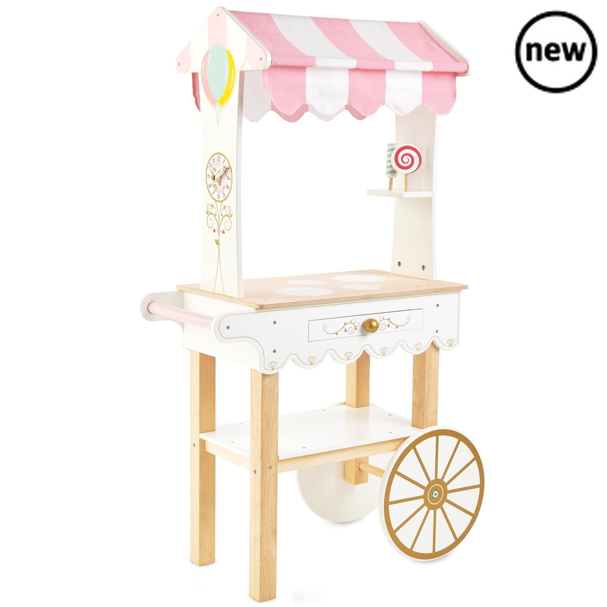 Tea & Treats Trolley, , Tea & Treats Trolley,Description Time for Tea! This barrow style tea and treats trolley is a real head turner. It's stunning vintage style design makes it a real showstopper and a truly magical gift to treasure. The traditional candy striped fabric canopy really sets off this beautiful wooden toy. Complete with a secret drawer ,this classi,Tea & Treats TrolleyDescription Time for Tea! This barrow style tea and treats trolley is a real head turner. It's stunning vintage style design m