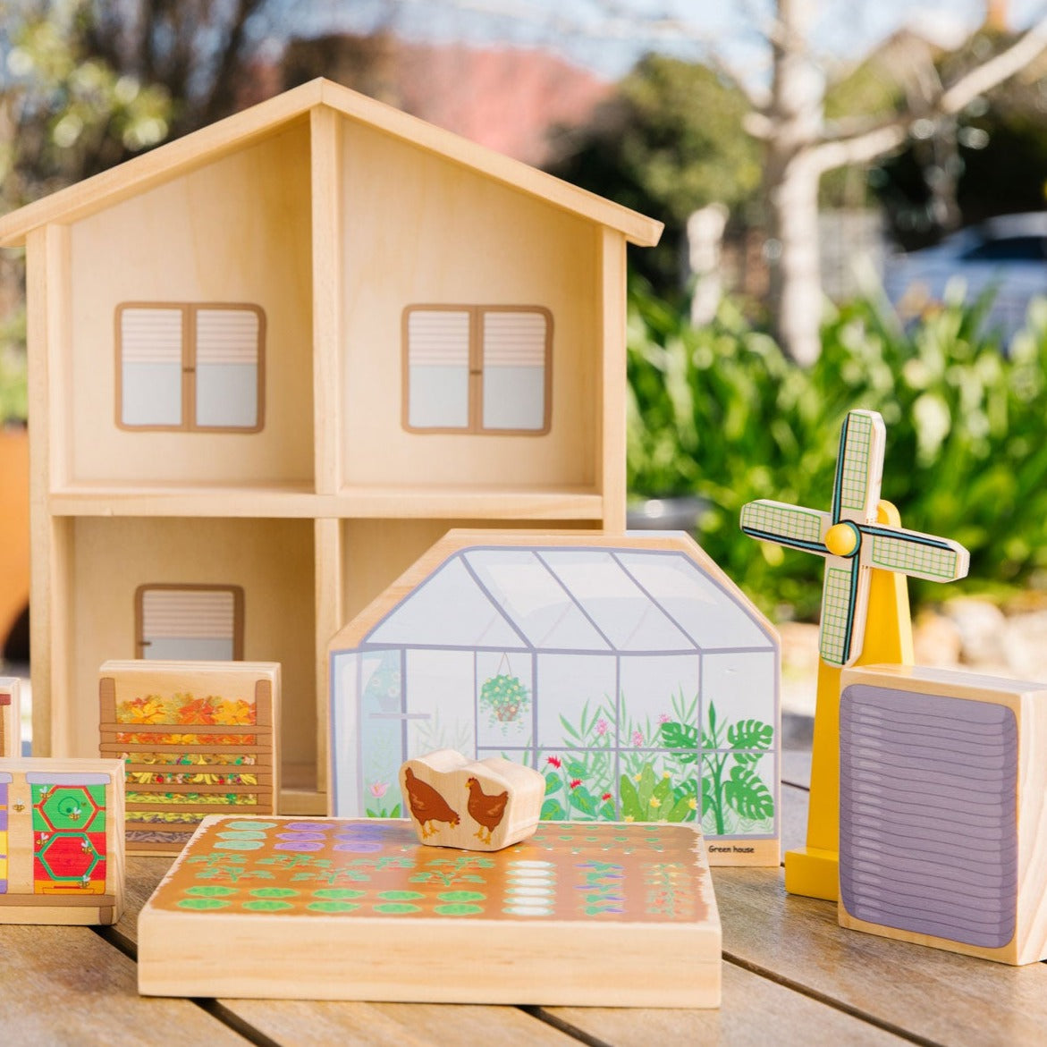 The Eco House, The Eco House,children's wooden toys,children's imaginative play ideas, The Eco House,This sustainable living playset is perfect for children who are interested in learning about sustainable living in a fun and interactive way. With solar panels, solar hot water, a vegetable garden, chicken coop, windmill and compost bin, children can learn all about eco-friendly living. This playset encourages discussi,The Eco HouseThis sustainable living playset is perfect for children who are interested in